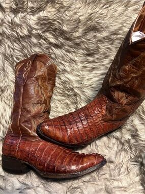 Men's Brown AMAZONAS Exotic CAIMAN & Leather Western Boots - Sz 9 EE